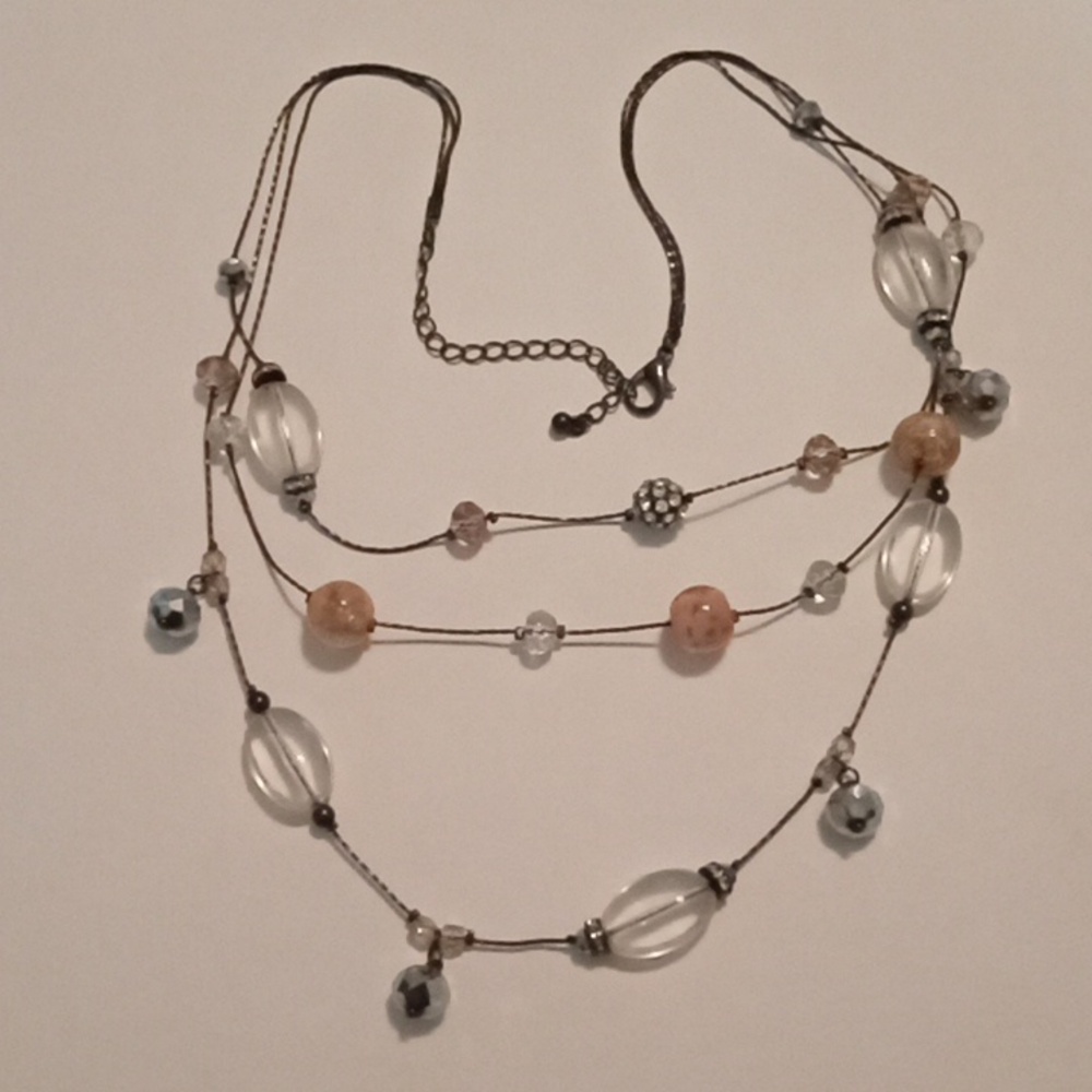 #1121. Glass, Rhinestone & Acrylic 3 Strand Layer Necklace